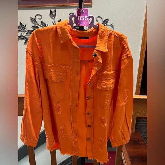 New Orange Distressed HI/Low Button-Up Shirt Great Layering Top. #055 - Picture 3 of 8